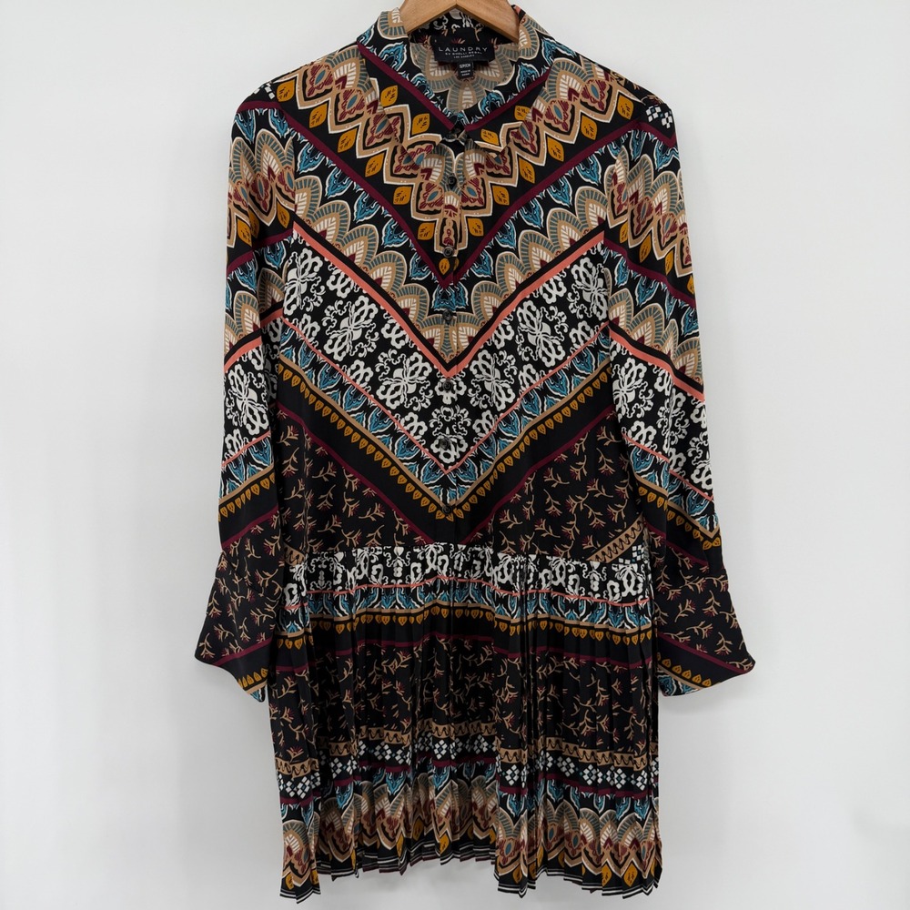 Laundry by Shelli Segal Boho Geometric Pleated Mini Dress Long Sleeve Multi S